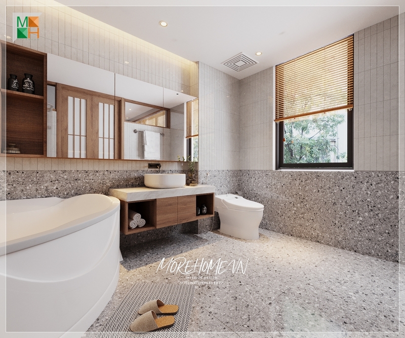 Phòng tắm có bồn tắm hiện đại nội thất được sắp xếp hợp lí khoa học phù hợp cho sử dụng và kiến trúc của phòng.